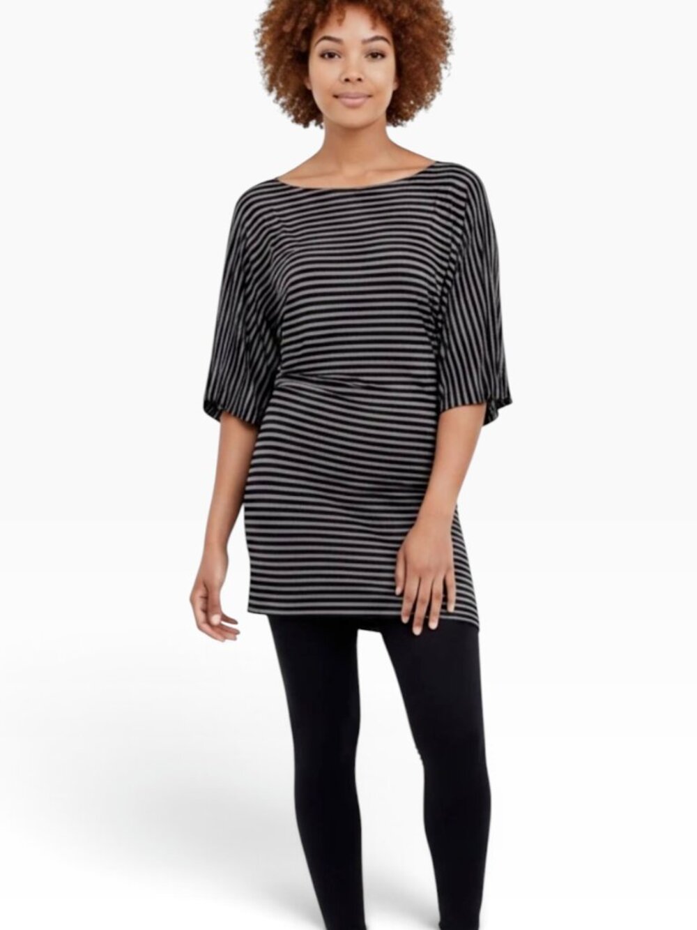 Norma Kamali Bell Sleeve Tunic Small Oversized Black Grey Stripe Mini Dress